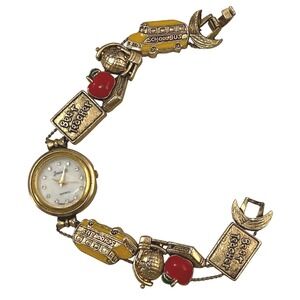 Vtg Y2K Jennie B Watch Women Gold Tone Enamel Charm Bracelet School Teacher 7.5"